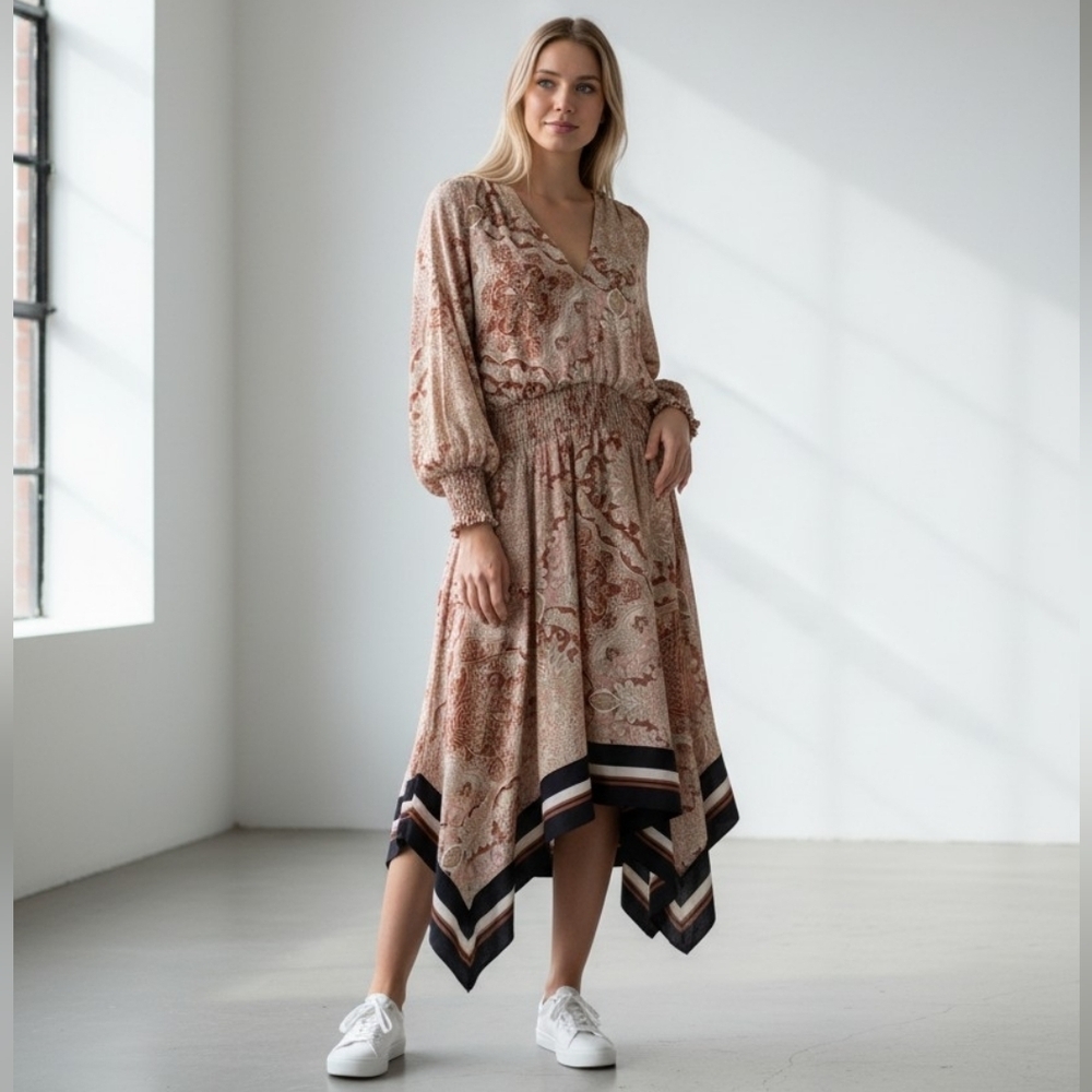 New York & Company Paisley Boho Midi Dress Size M Smocked Waist Handkerchief Hem